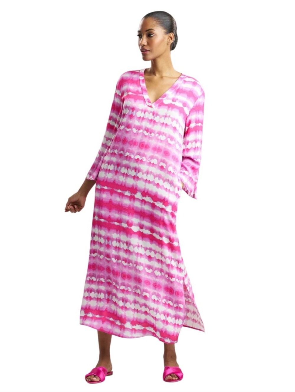 Natori Porto Challis Tie Dye Pink White Stripe Kaftan M